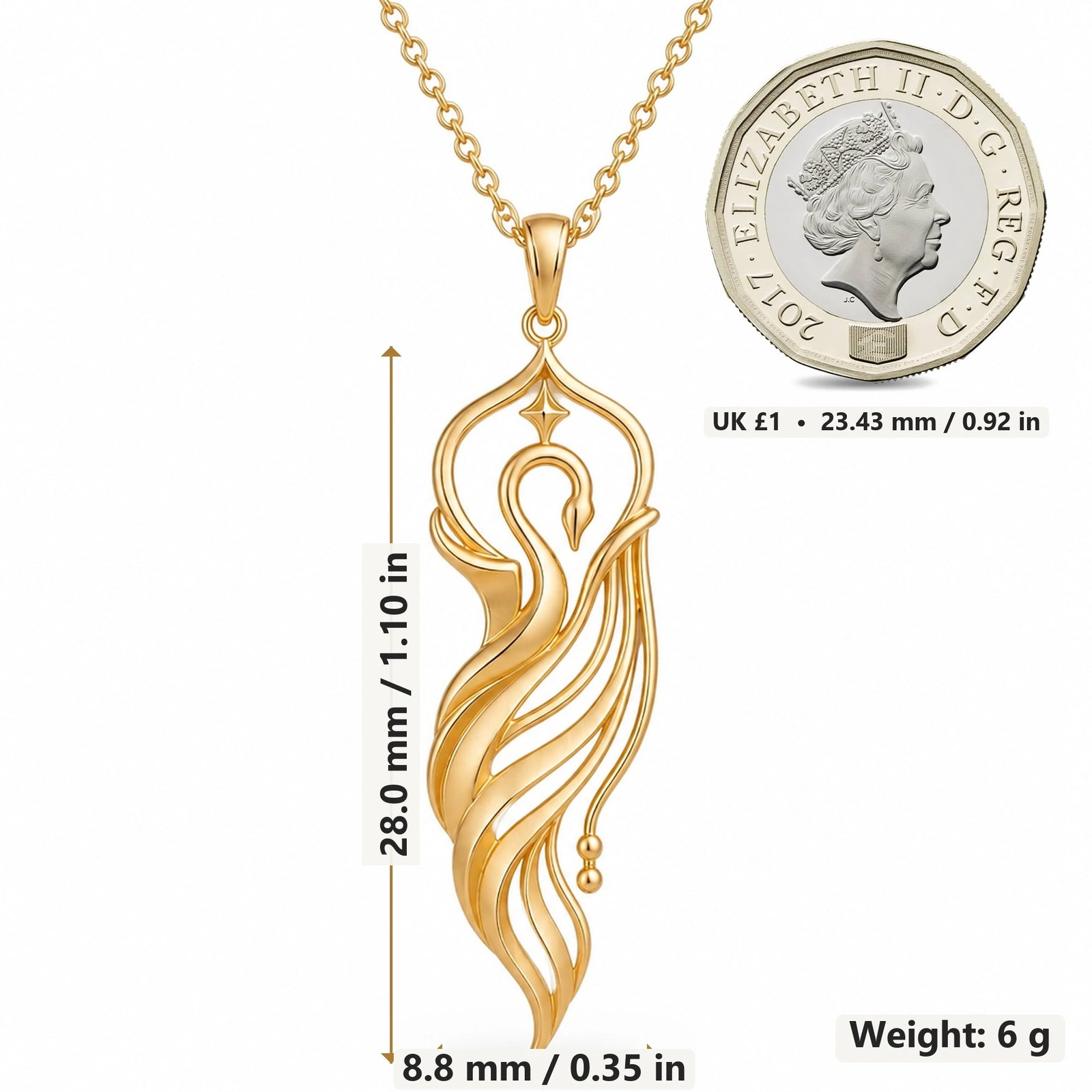 Swan Veil Crest pendant necklace size image showing 28.0 mm height, 8.8 mm width and 6 g weight