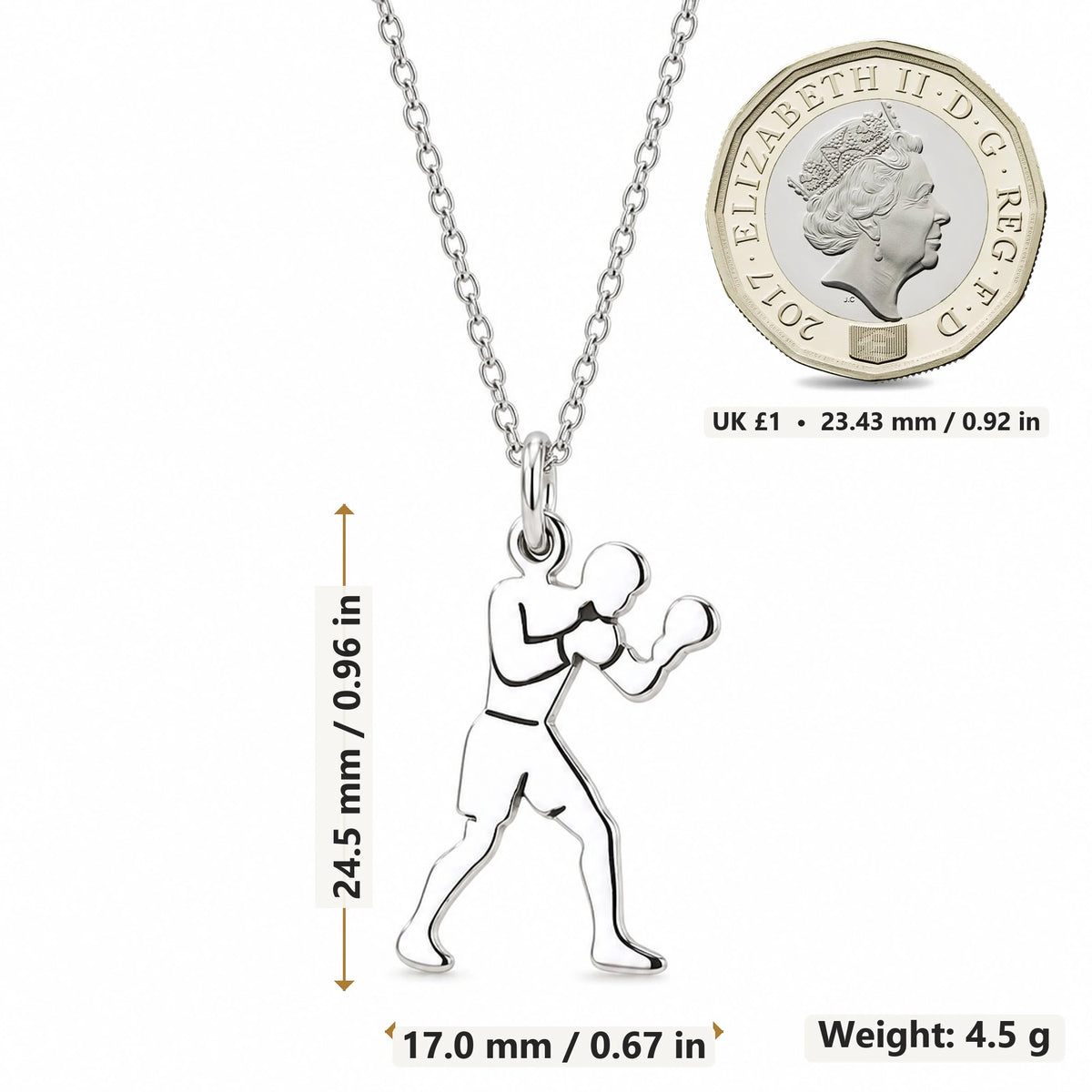 Male Boxer pendant necklace size image showing 24.5 mm height, 17.0 mm width and 4.5 g weight