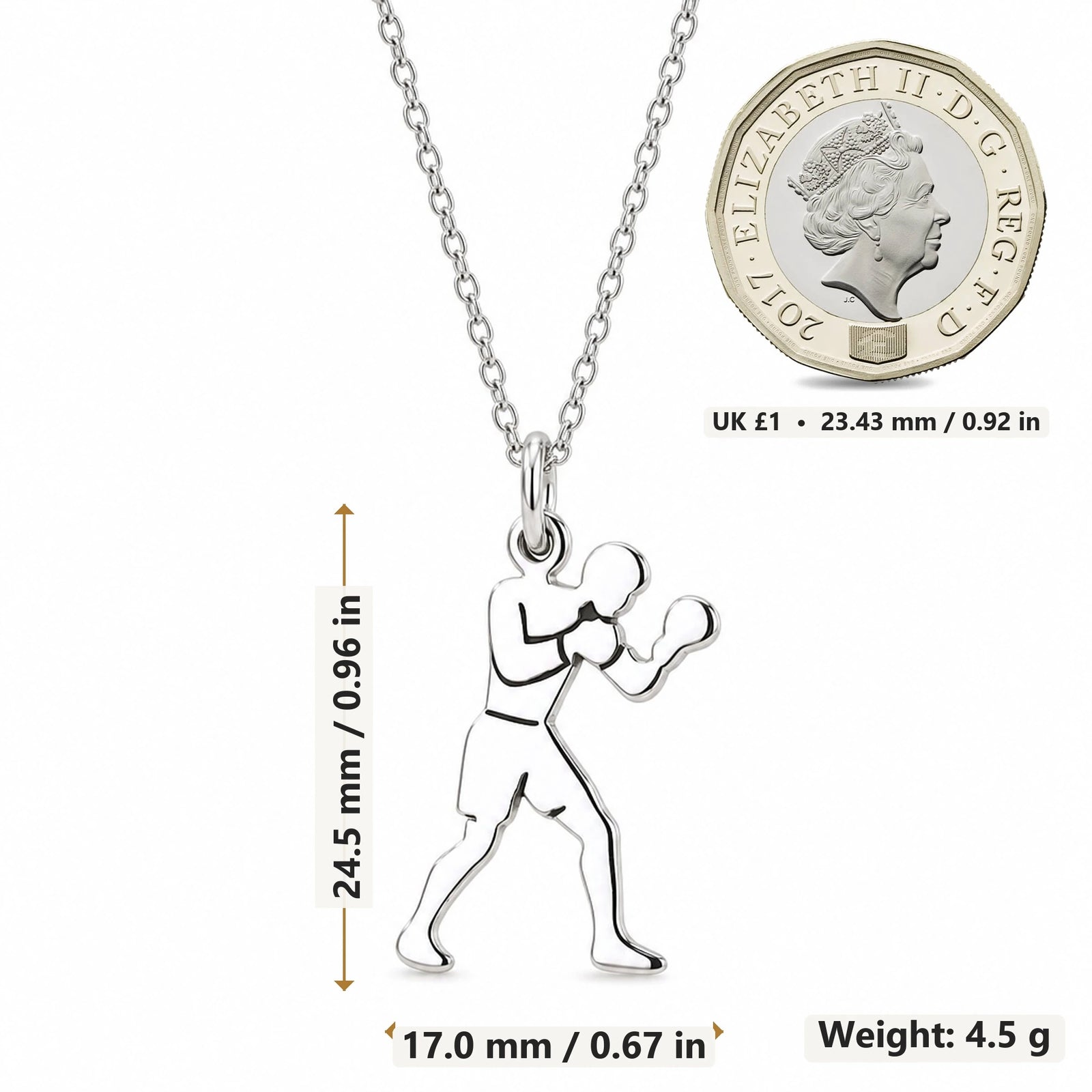 Male Boxer pendant necklace size image showing 24.5 mm height, 17.0 mm width and 4.5 g weight