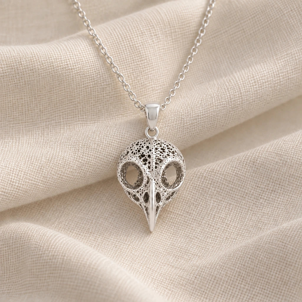 925 sterling silver ancient owl skull pendant necklace on cream fabric