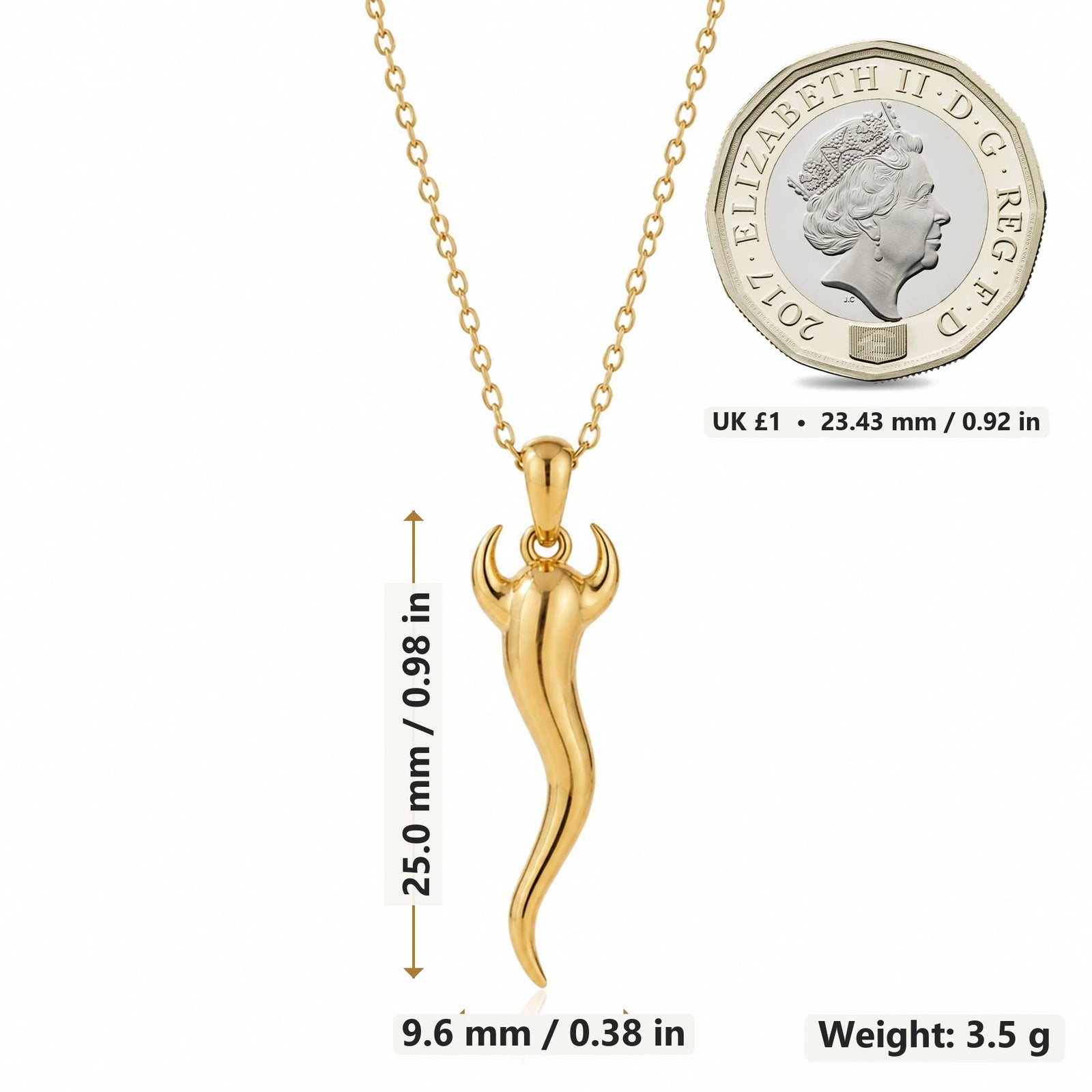 Italian Horn Cornicello pendant necklace size image showing 25.0 mm height, 9.6 mm width and 3.5 g weight