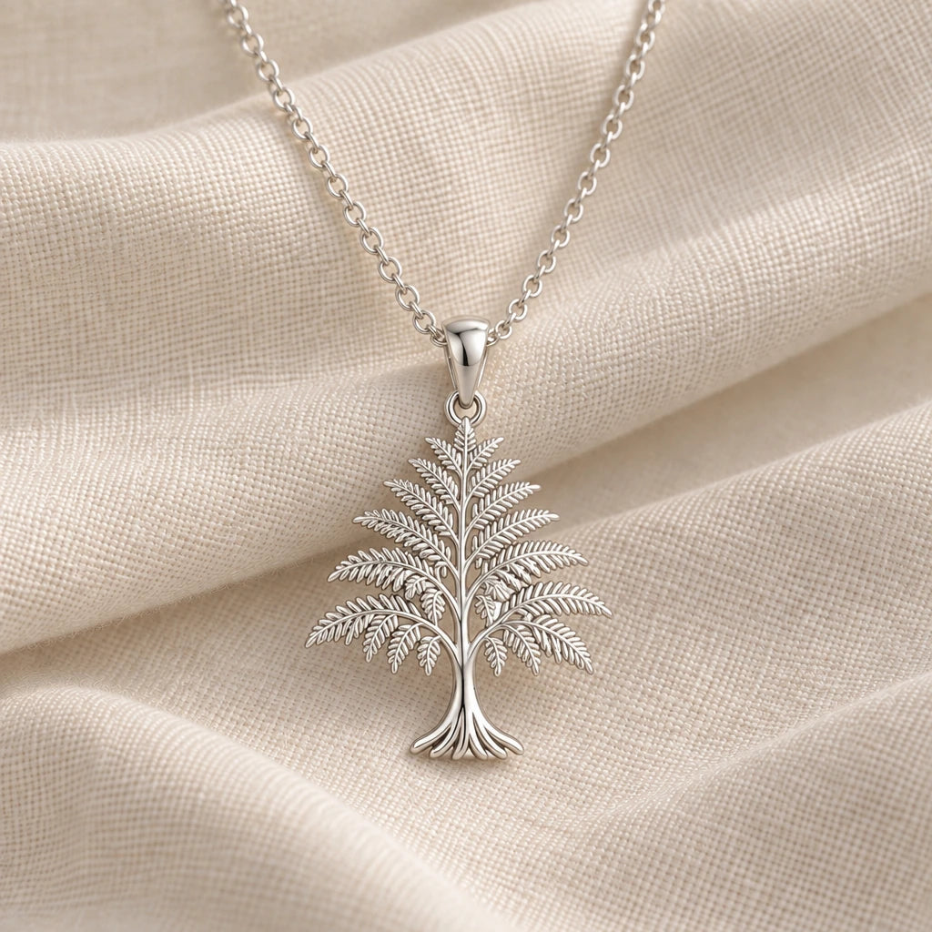 925 sterling silver fern tree pendant necklace on cream fabric