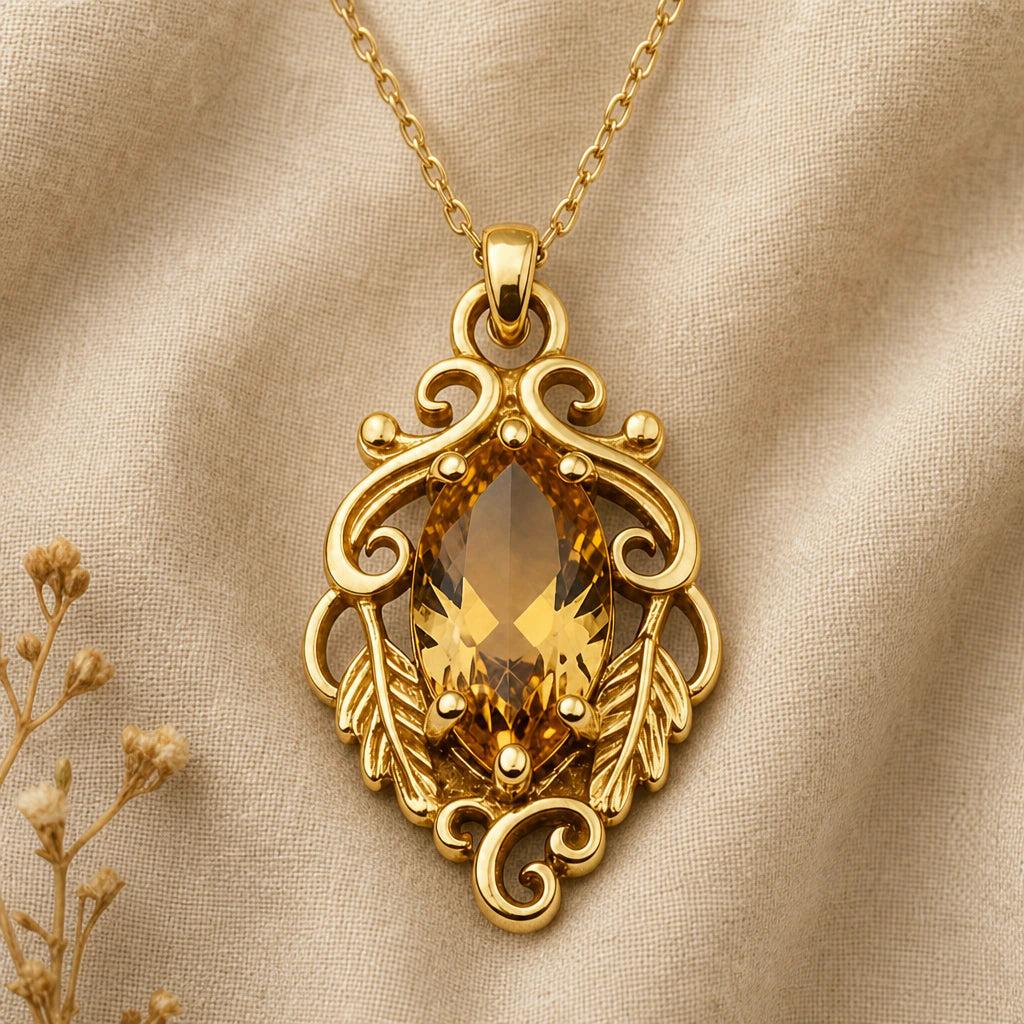 Scroll and Leaf Marquise Birthstone Pendant Necklace in 18k gold plated sterling silver