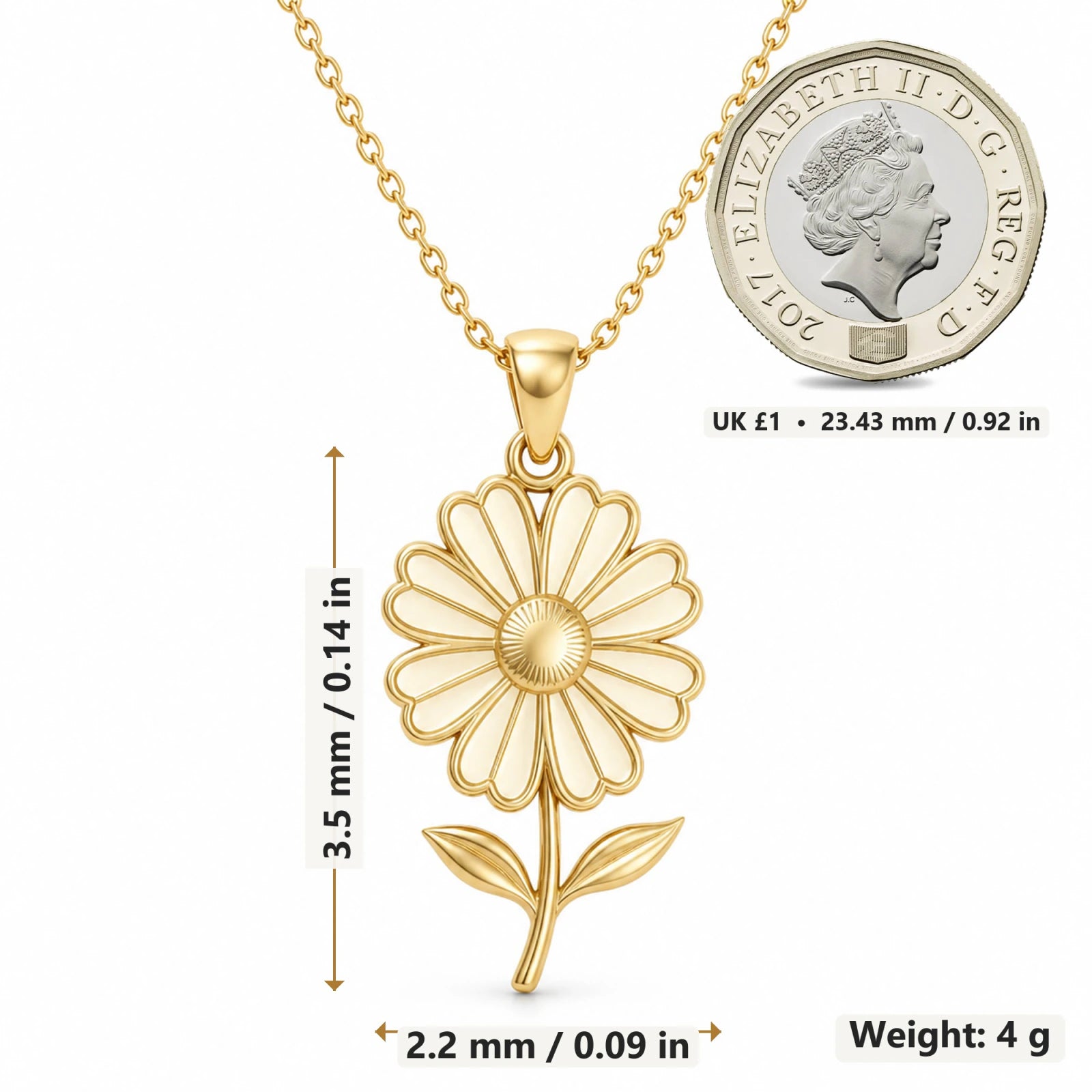 Cosmos Bloom Flower pendant necklace size image showing approximately 20 mm height and 12 mm width and 4 g weight