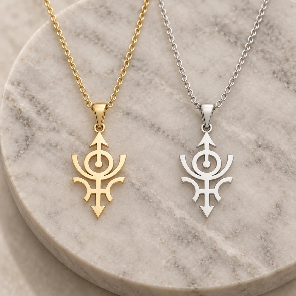 Nibiru Cosmic Symbol pendant necklace in silver and gold finishes side by side