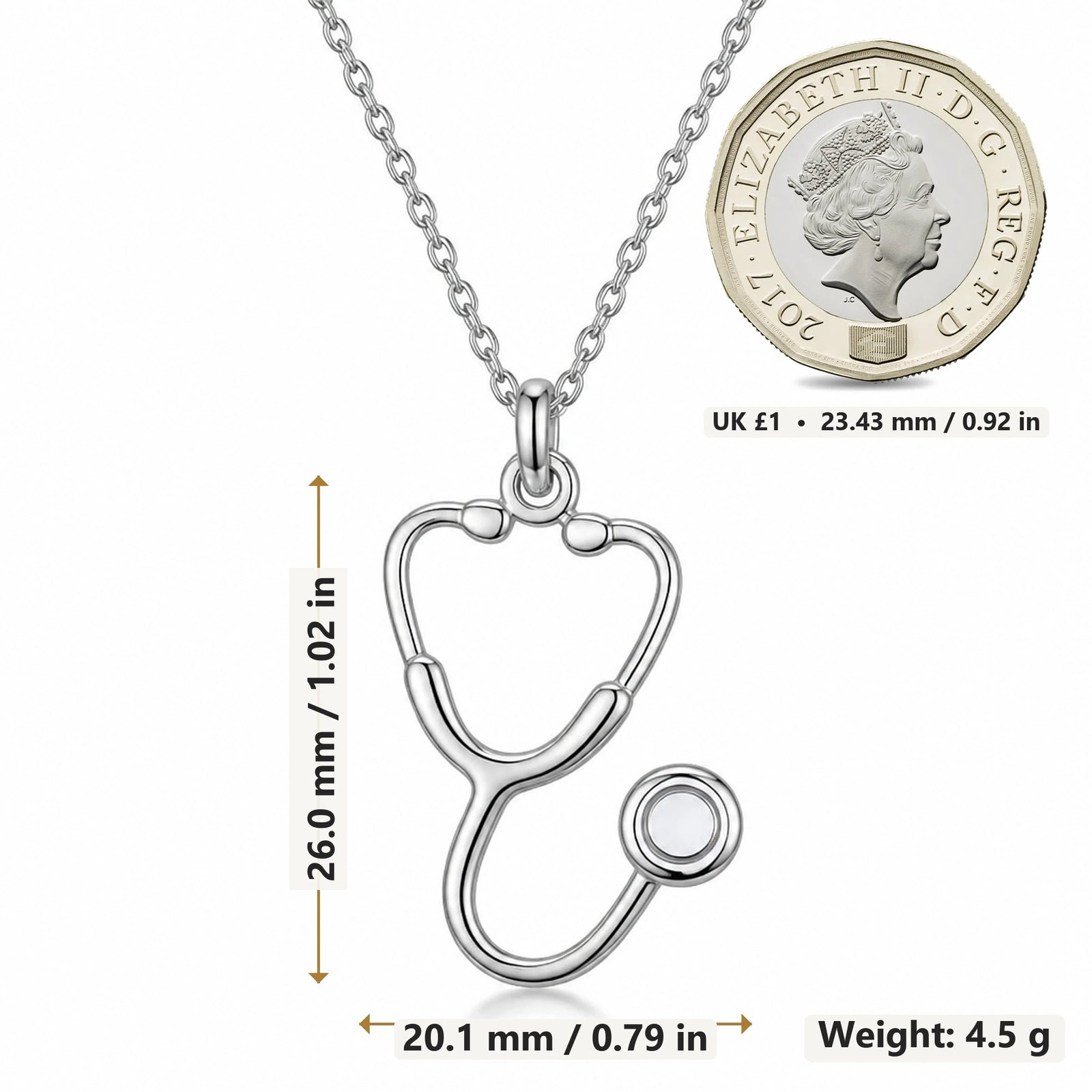 Doctor Stethoscope pendant necklace size image showing 26.0 mm height, 20.1 mm width and 4.5 g weight