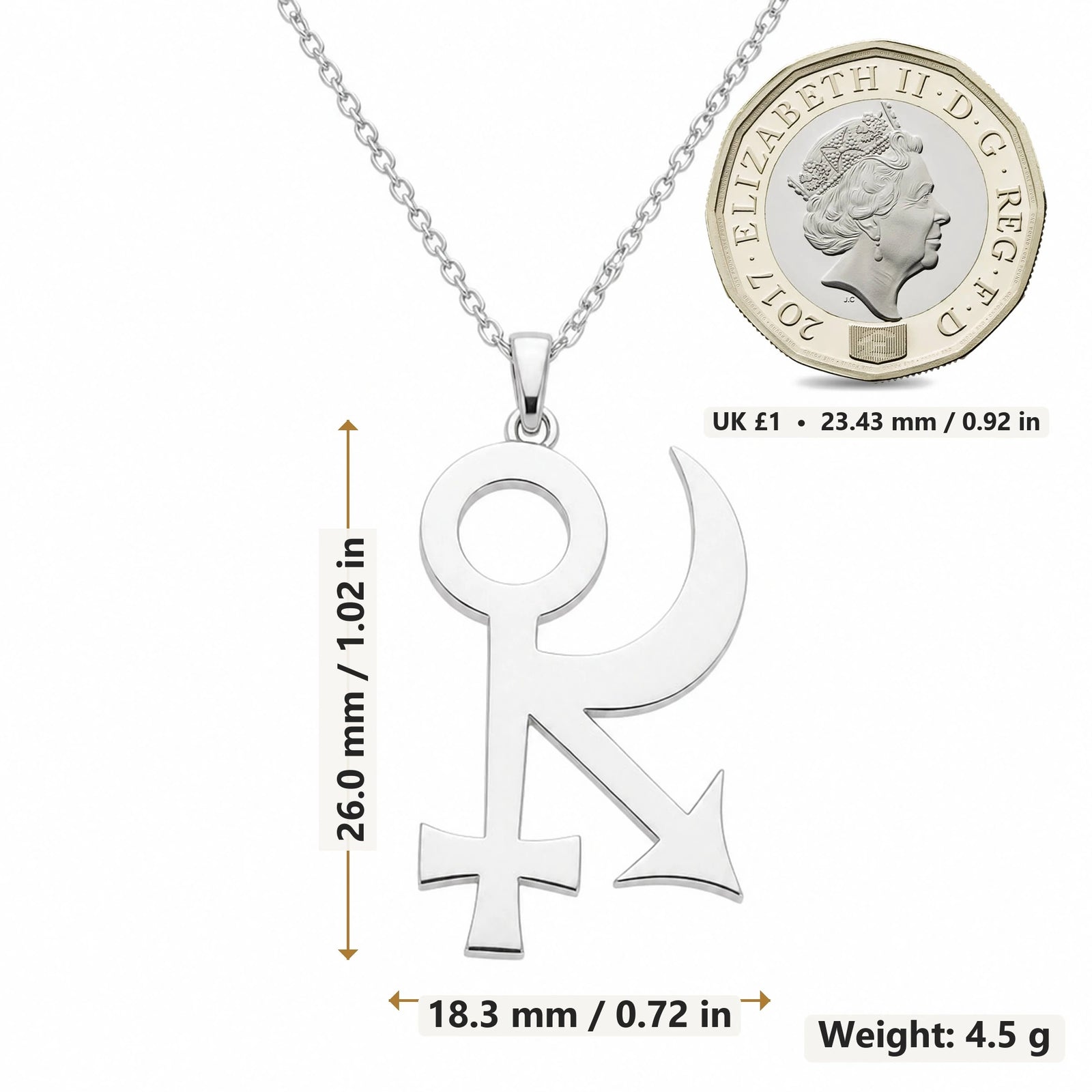 Sphinx Asteroid Symbol pendant necklace size image showing 26.0 mm height, 18.3 mm width and 4.5 g weight