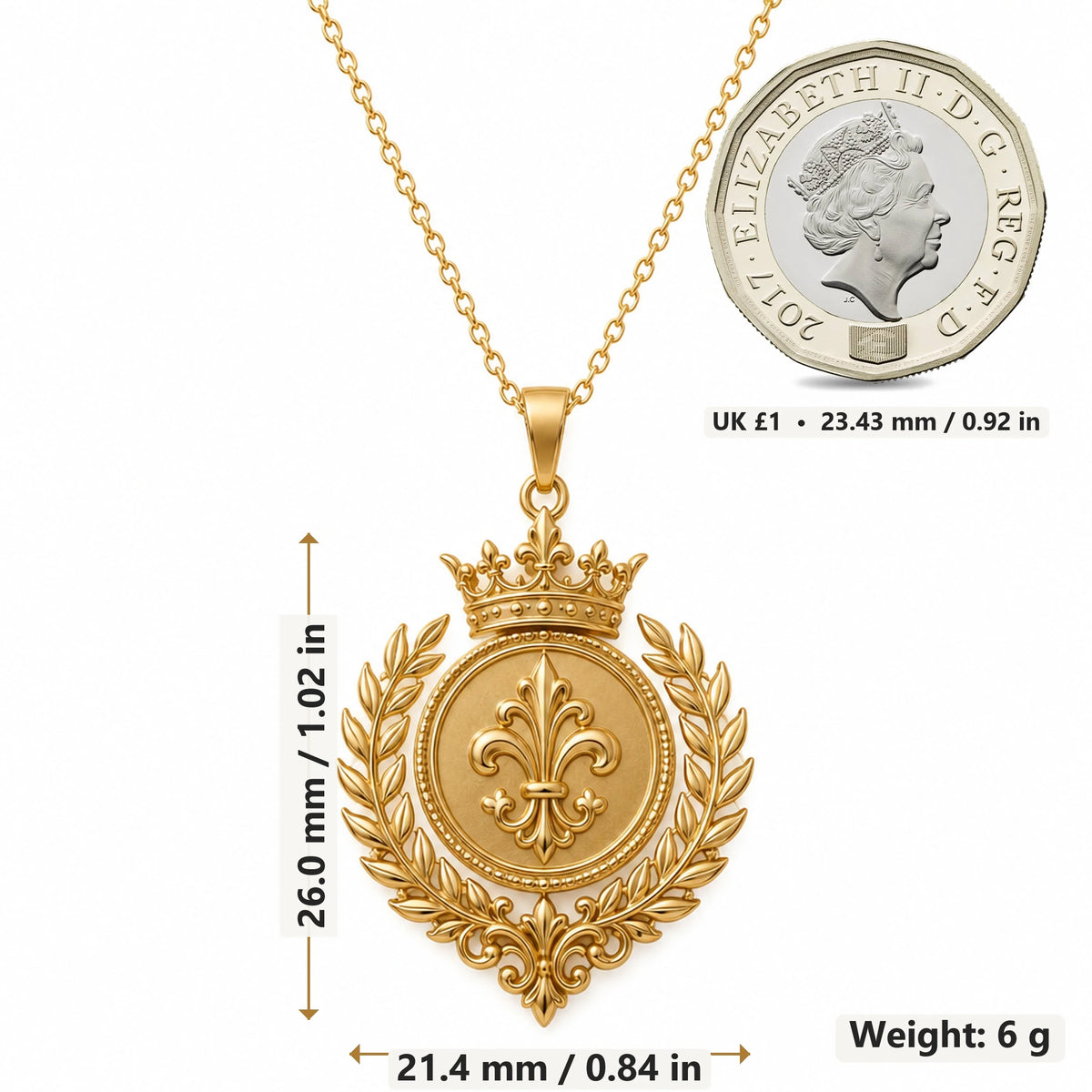 Royal Laurel Sigil pendant necklace size image showing 26.0 mm height, 21.4 mm width and 6 g weight