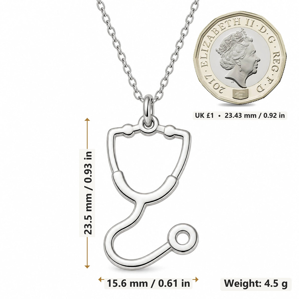 Stethoscope Outline pendant necklace size image showing 23.5 mm height, 15.6 mm width and 4.5 g weight