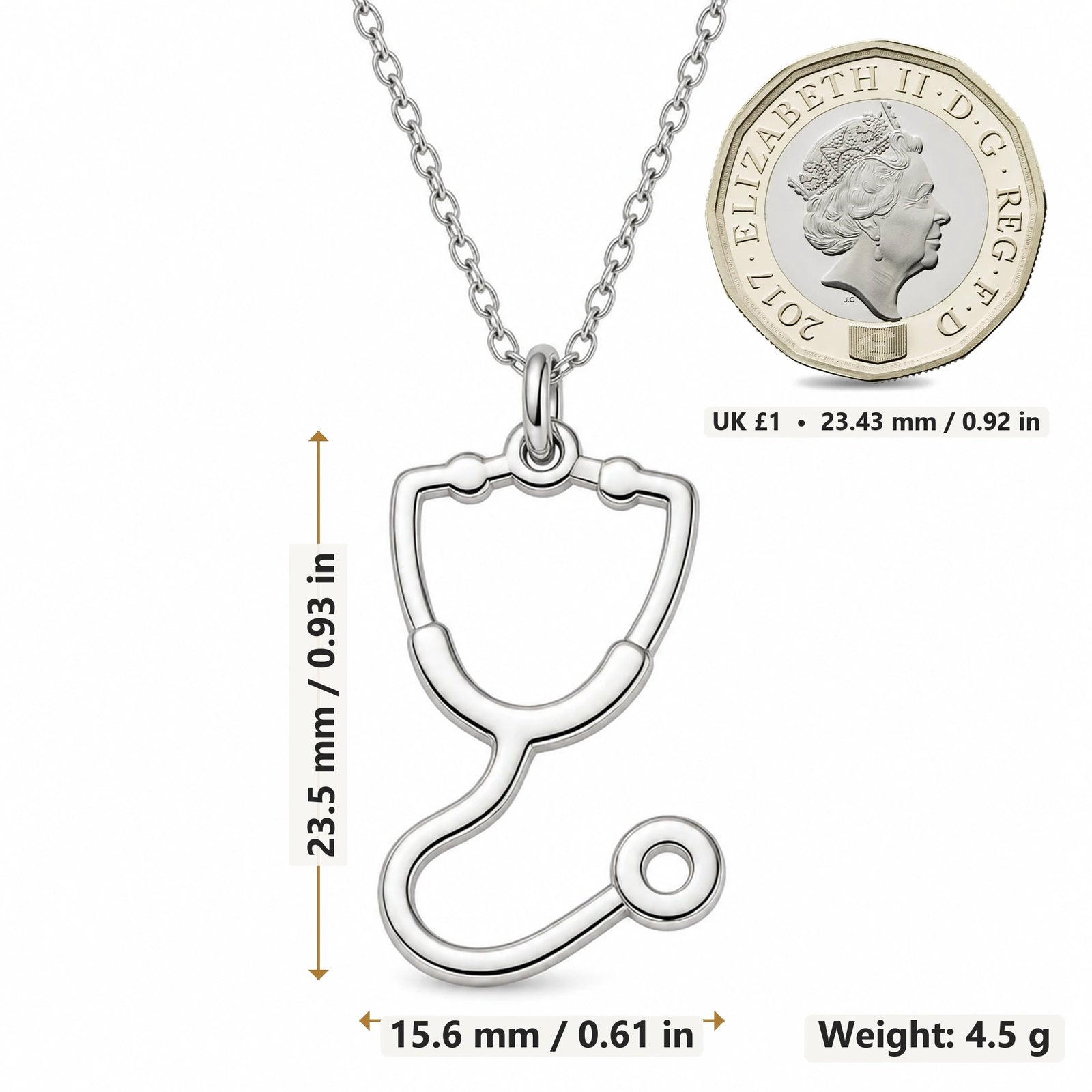 Stethoscope Outline pendant necklace size image showing 23.5 mm height, 15.6 mm width and 4.5 g weight