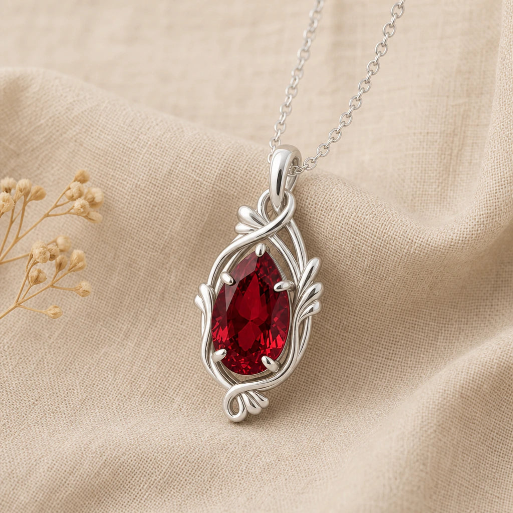 Tendril Teardrop Birthstone Pendant Necklace in sterling silver