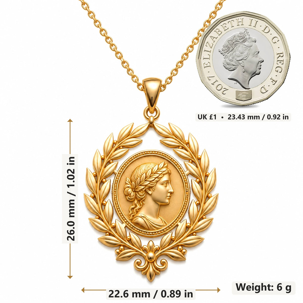 Roman Laurel Cameo pendant necklace size image showing 26.0 mm height, 22.6 mm width and 6 g weight