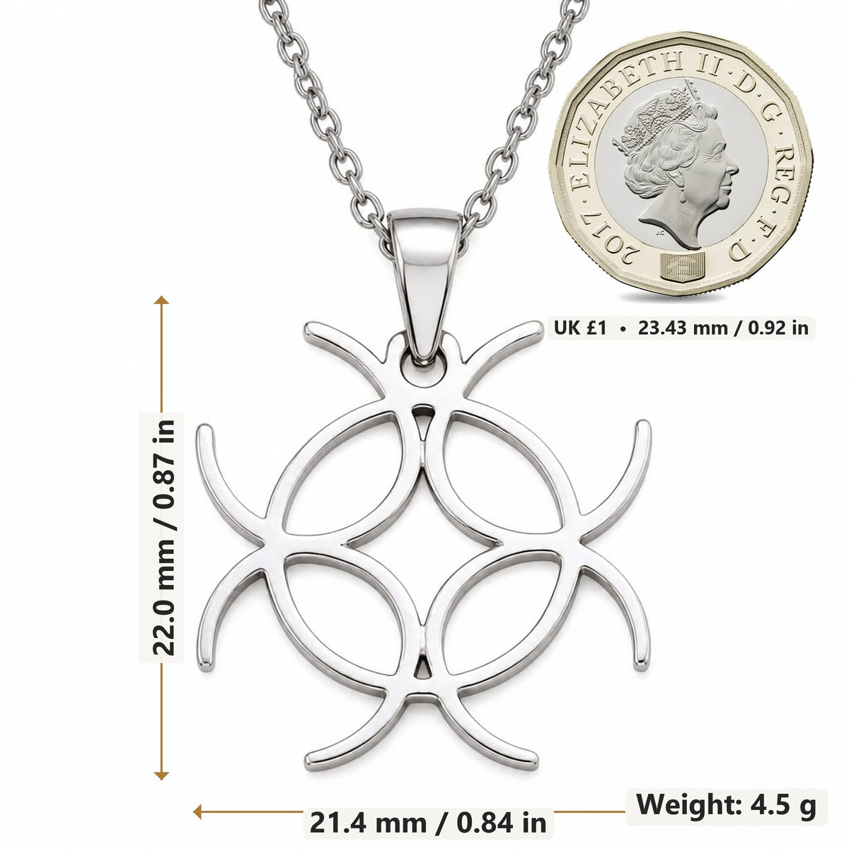 Solar Mandala Knot pendant necklace size image showing 22.0 mm height, 21.4 mm width and 4.5 g weight