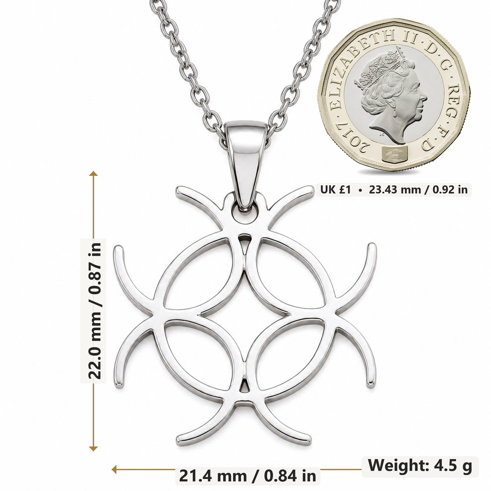 Solar Mandala Knot pendant necklace size image showing 22.0 mm height, 21.4 mm width and 4.5 g weight