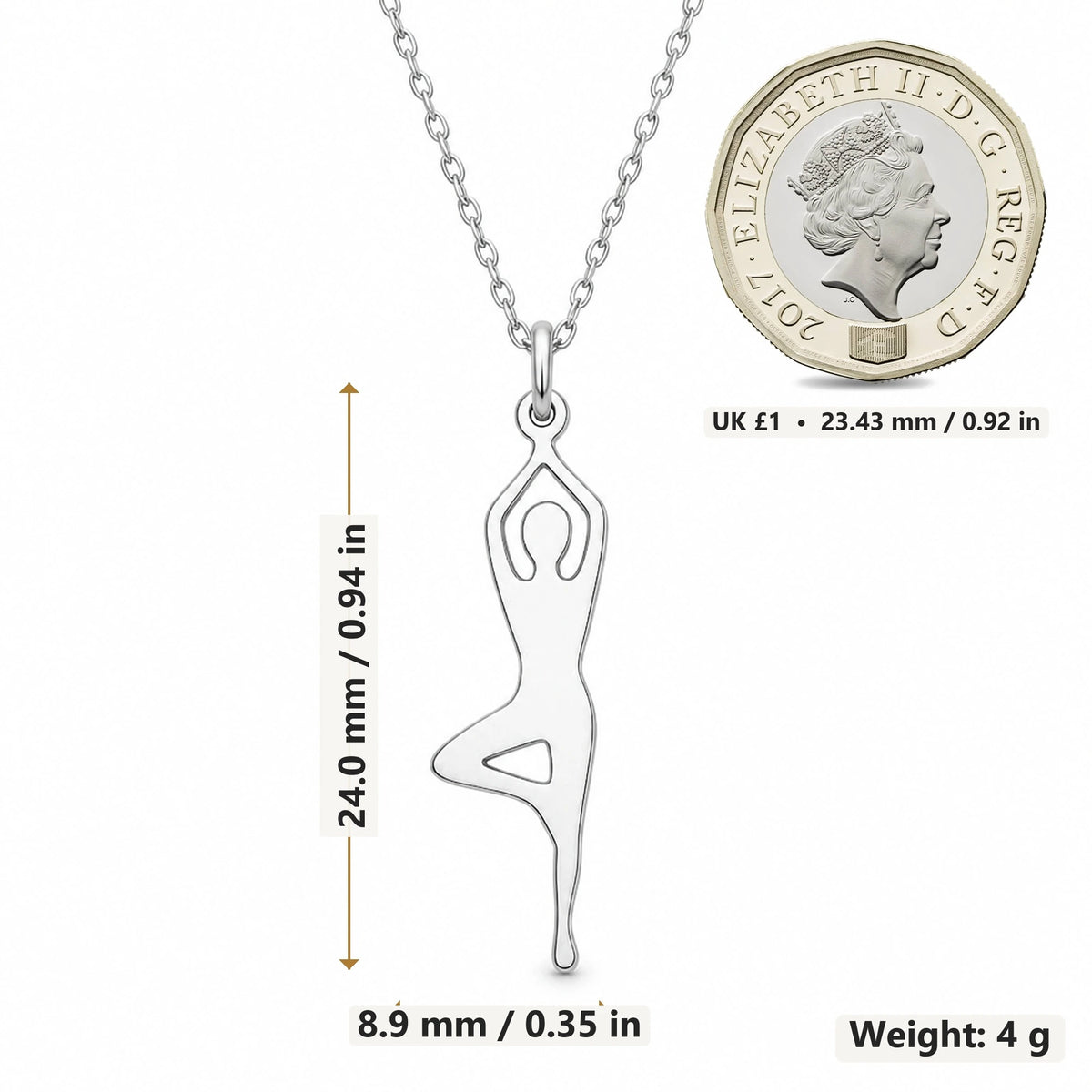 Yoga Tree Pose Outline pendant necklace size image showing 24.0 mm height, 8.9 mm width and 4 g weight