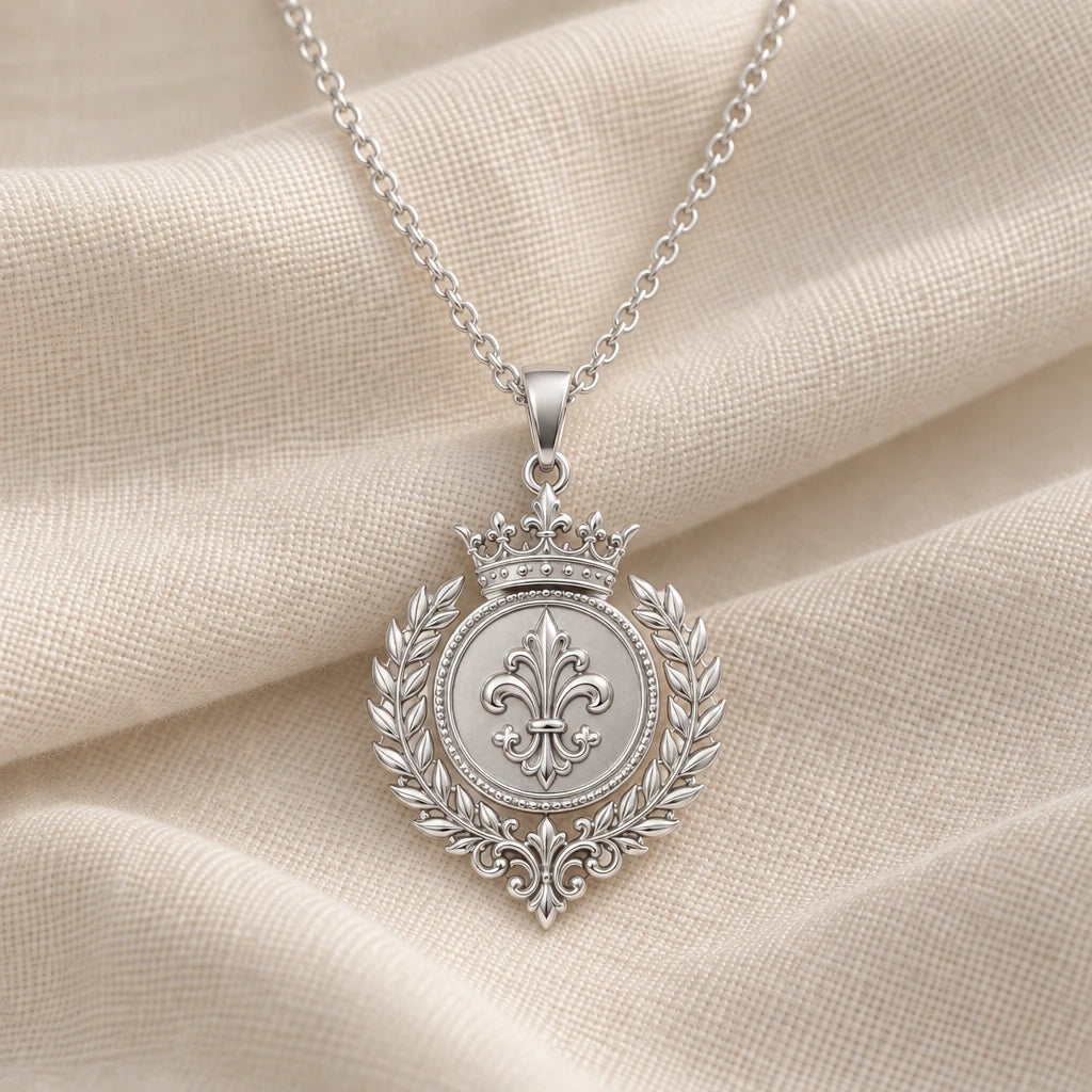 925 sterling silver royal laurel sigil pendant necklace on cream fabric