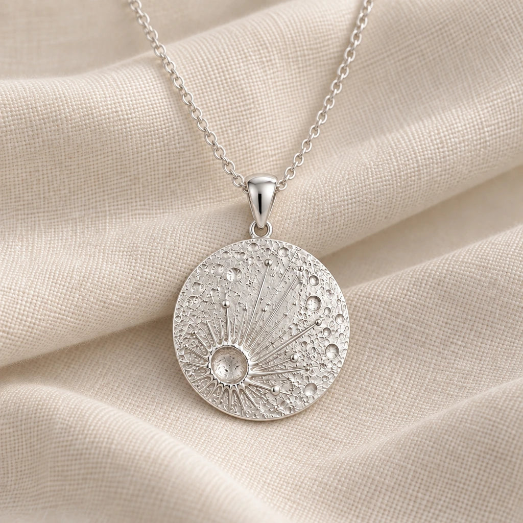 925 sterling silver lunar impact crater pendant necklace on cream fabric