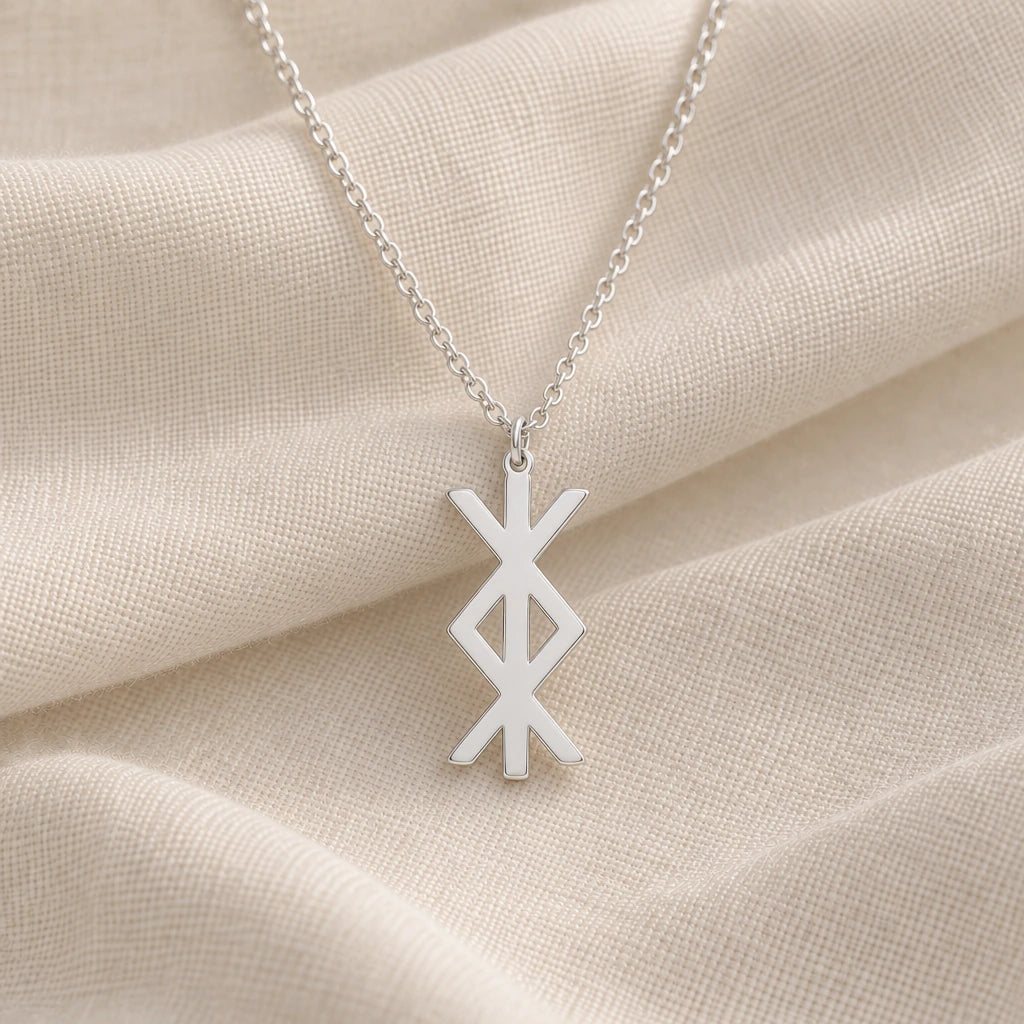 925 sterling silver protection bind rune pendant necklace on cream fabric