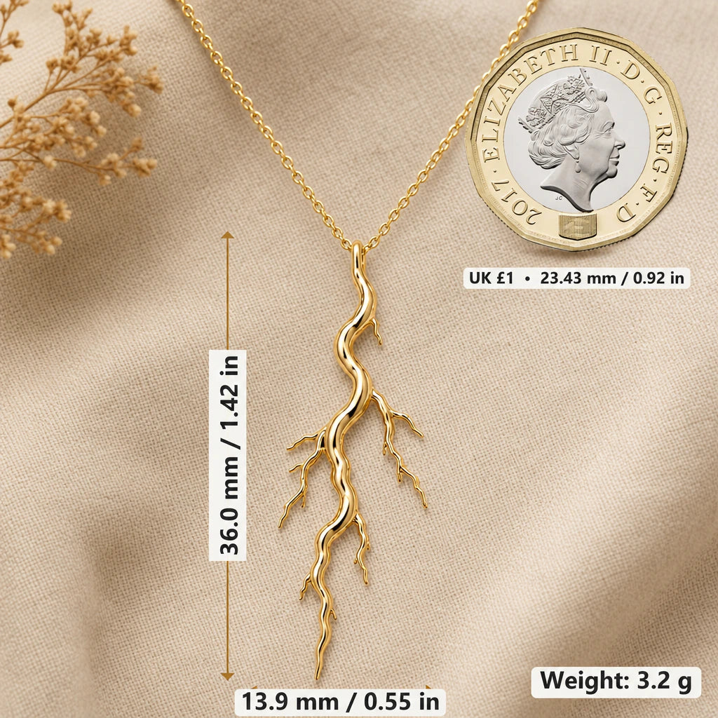 Lightning bolt necklace size image showing 36 mm height, 13.9 mm width and 3.2 g weight beside a UK pound coin