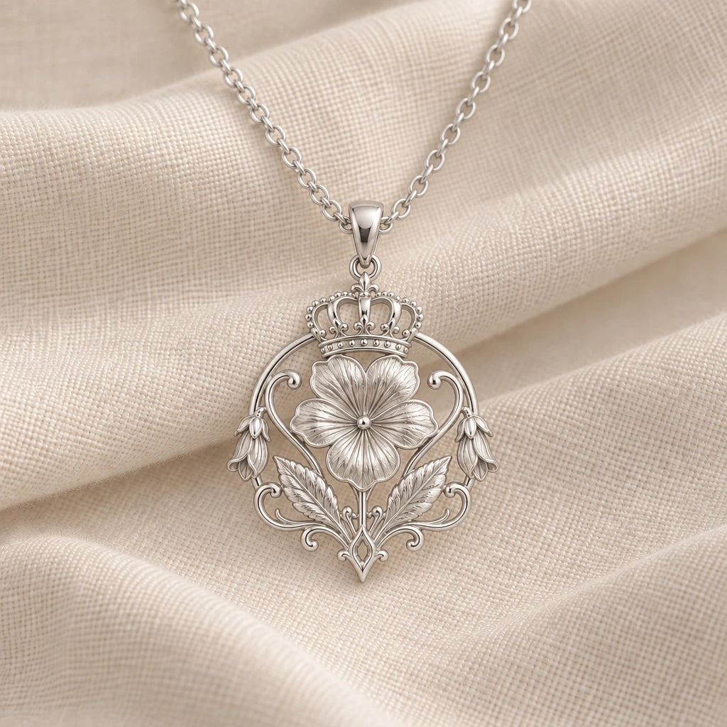 925 sterling silver queen violet crest pendant necklace on cream fabric