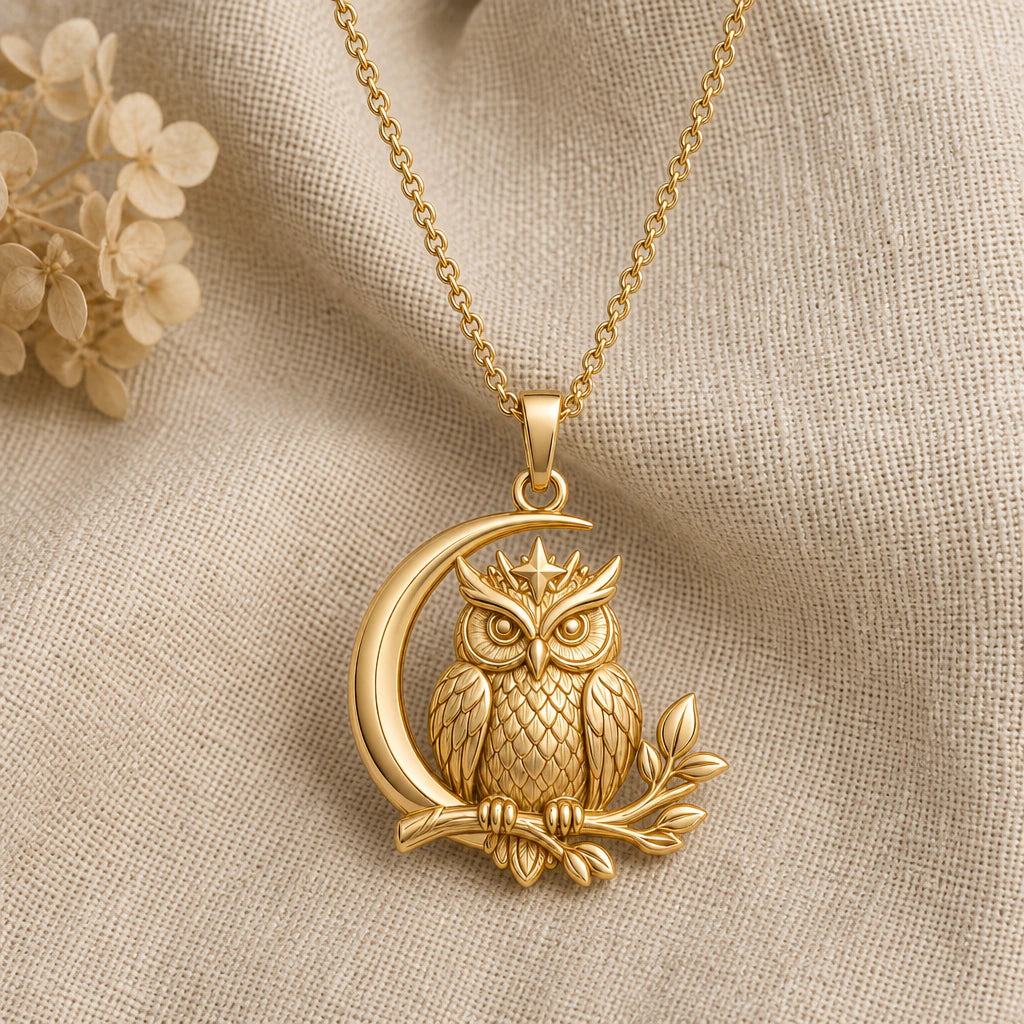 Moon Owl pendant necklace in a warm gold finish on cream fabric