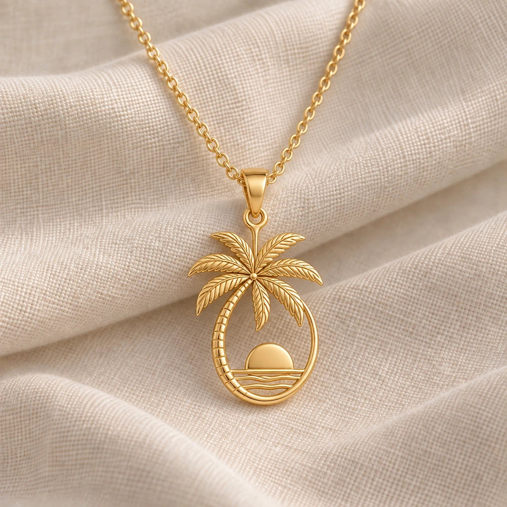 Palm Sunset pendant necklace in an 18k gold plated finish