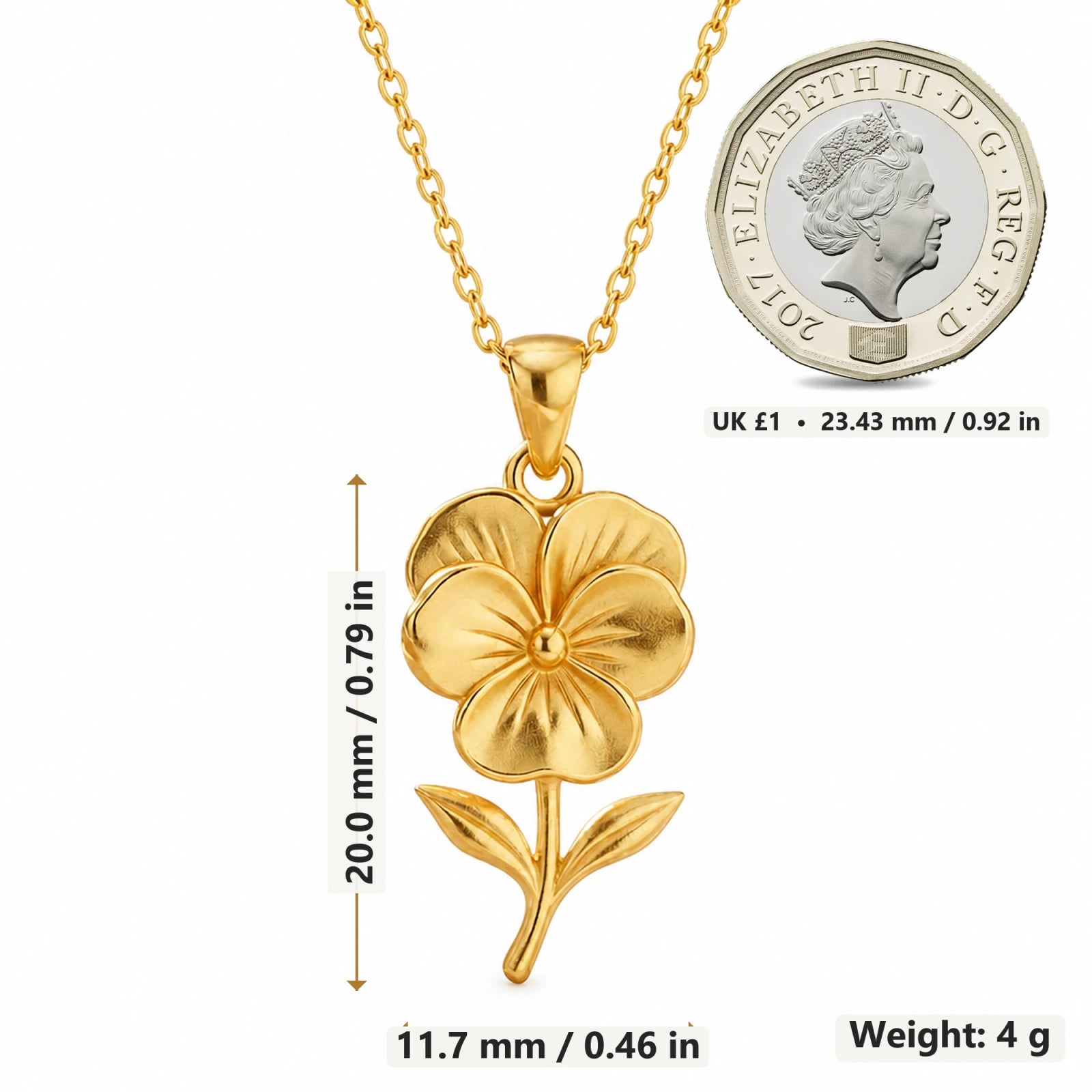 Pansy Flower pendant necklace size image showing 20 mm height and 11.7 mm width and 4 g weight