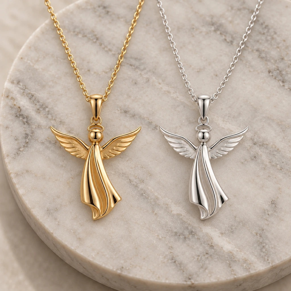 Sculpted Angel pendant necklace in silver and gold finishes side by side