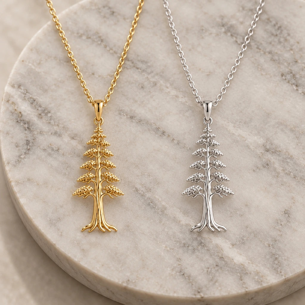 Redwood Spirit Tree pendant necklace in silver and gold finishes side by side