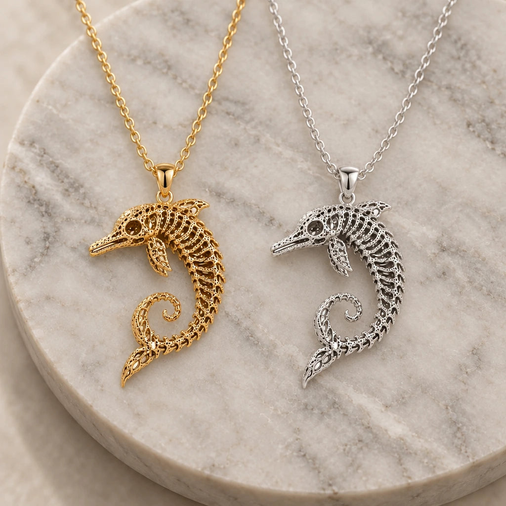 Ancient Dolphin Fossil Skeleton pendant necklace in silver and gold finishes side by side