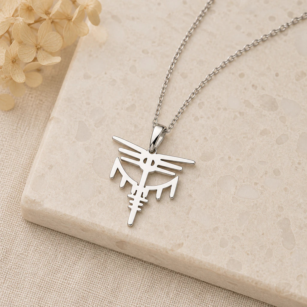 Close-up of silver valkyrie dragon sigil pendant showing the sculpted detail
