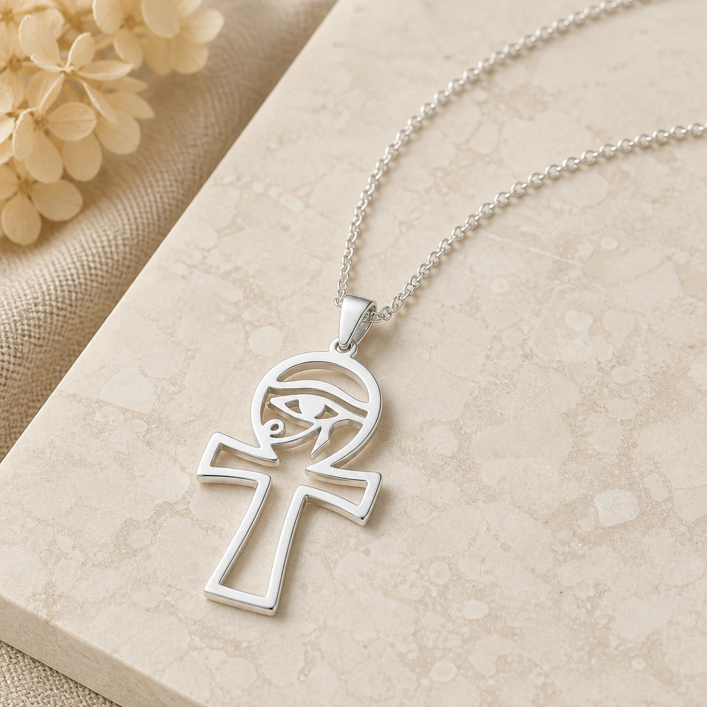 Close-up of silver egyptian ankh eye of horus pendant showing the sculpted detail