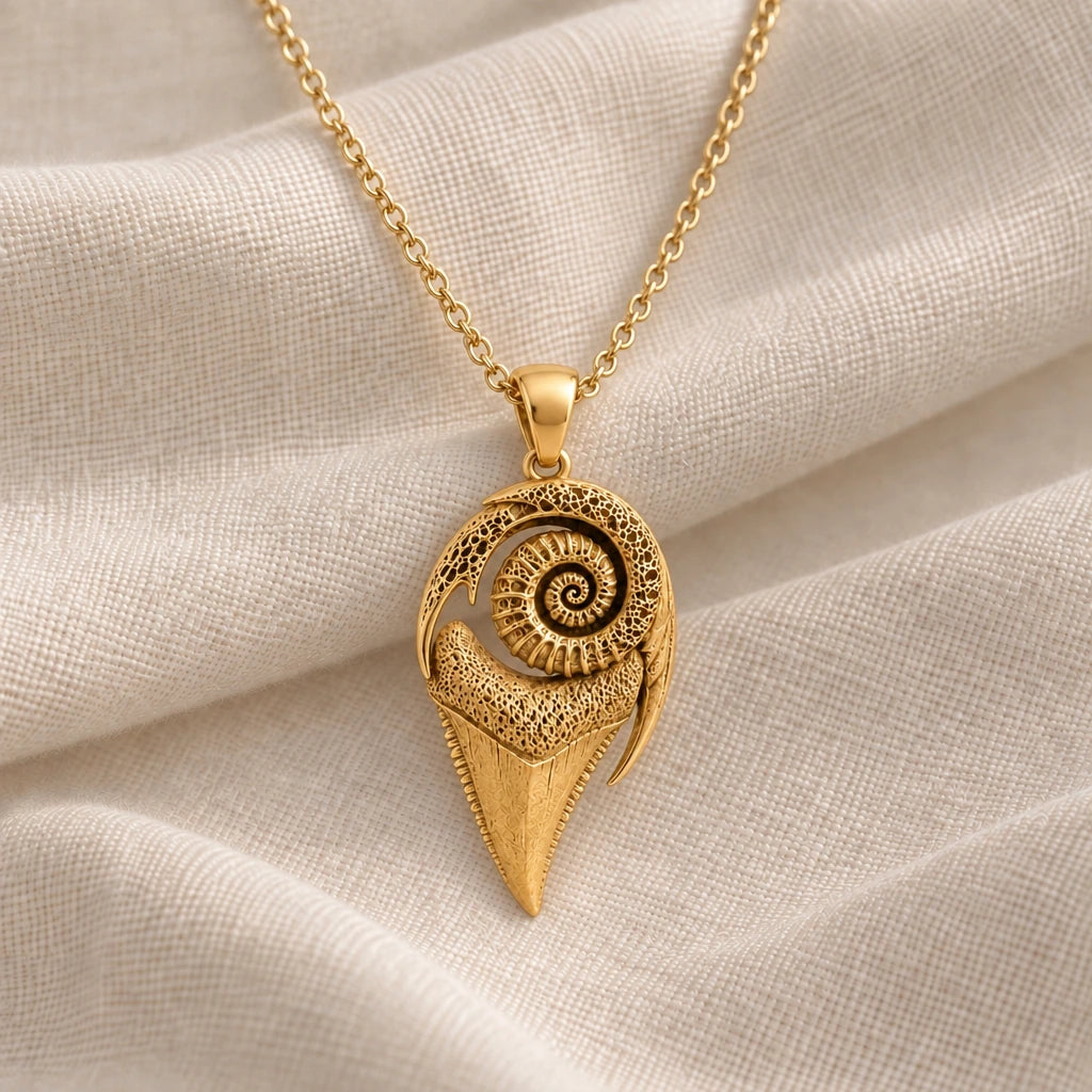 Sacred Shark Tooth Fossil pendant necklace in an 18k gold plated finish