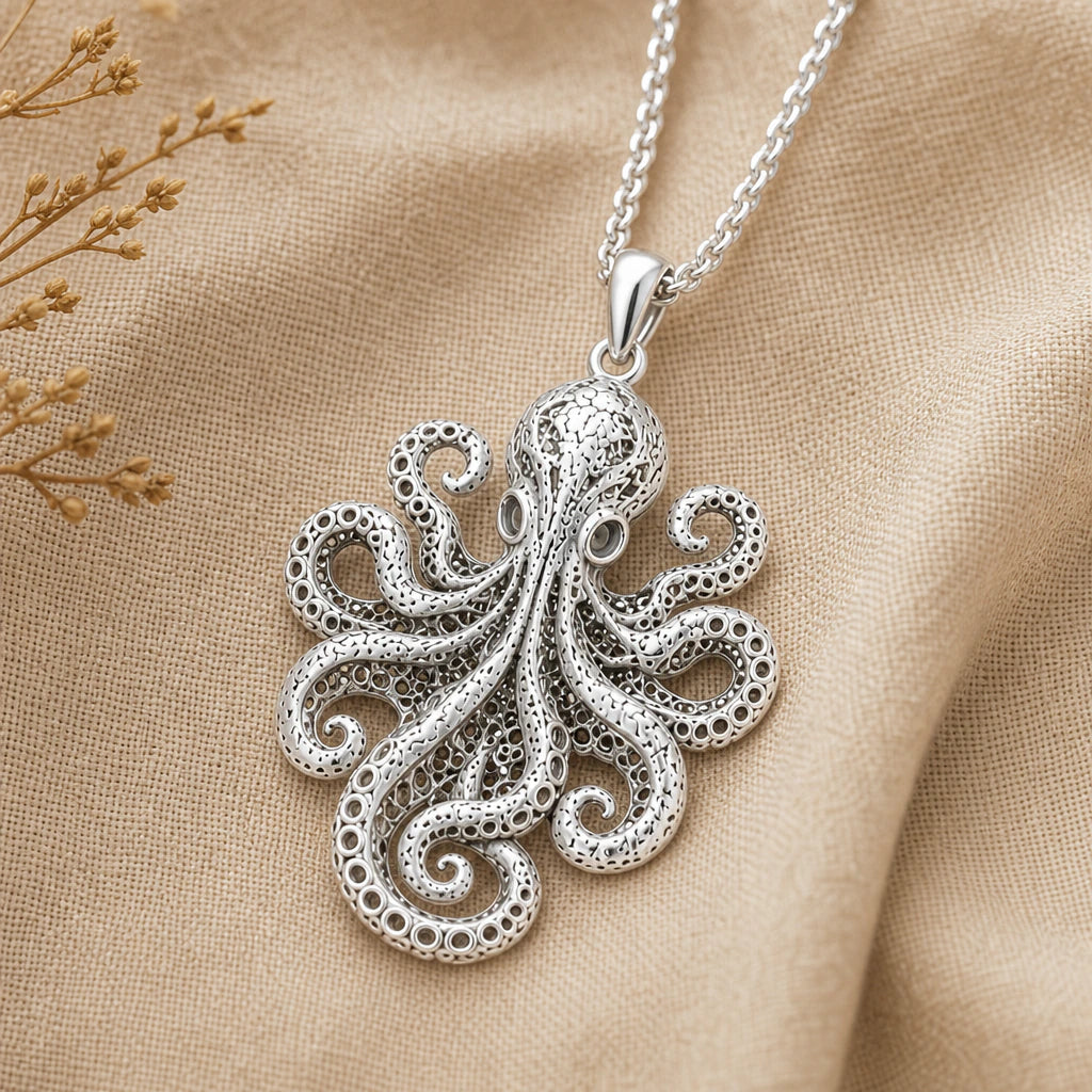Octopus Pendant Necklace in sterling silver, second view