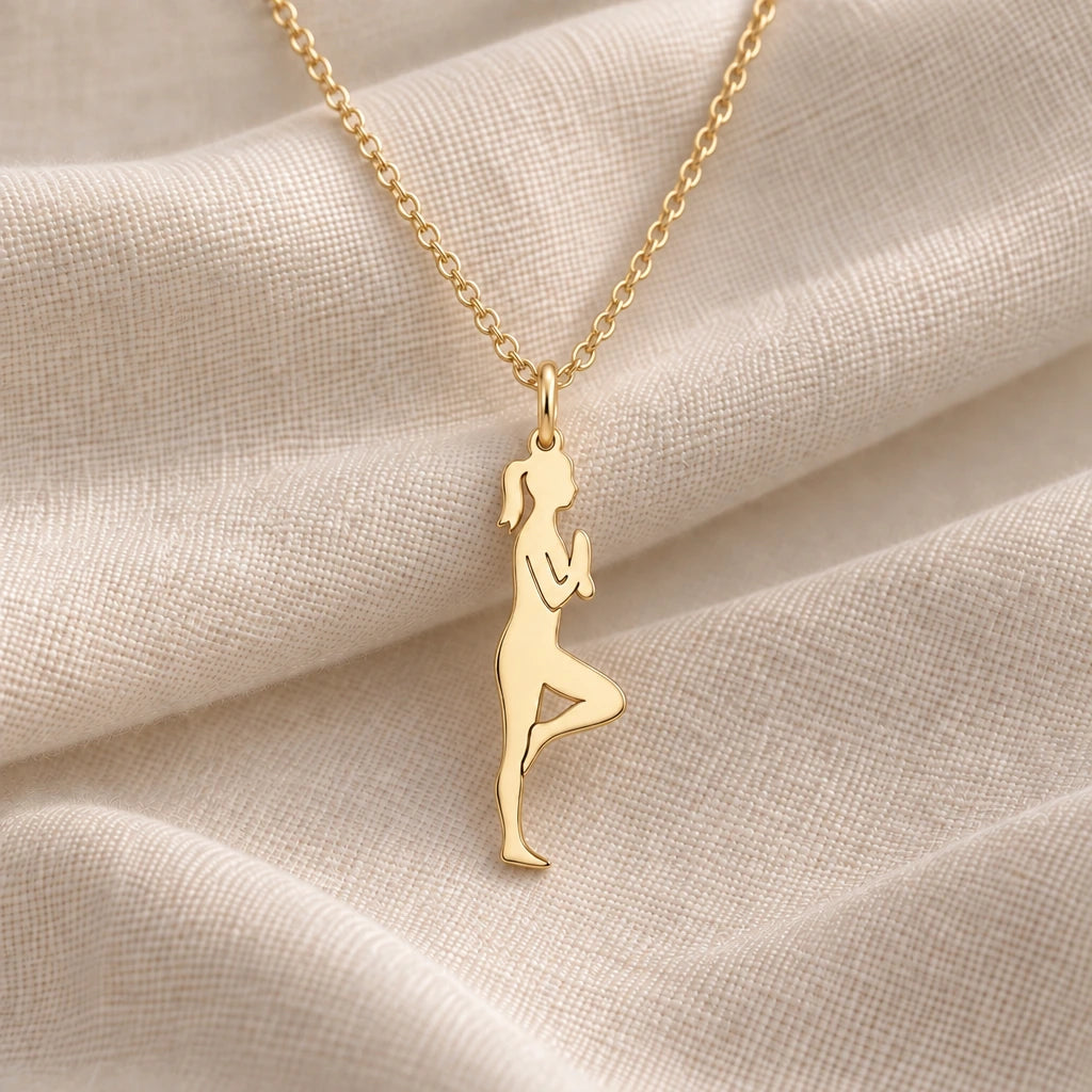 Yoga Tree Pose Woman pendant necklace in an 18k gold plated finish