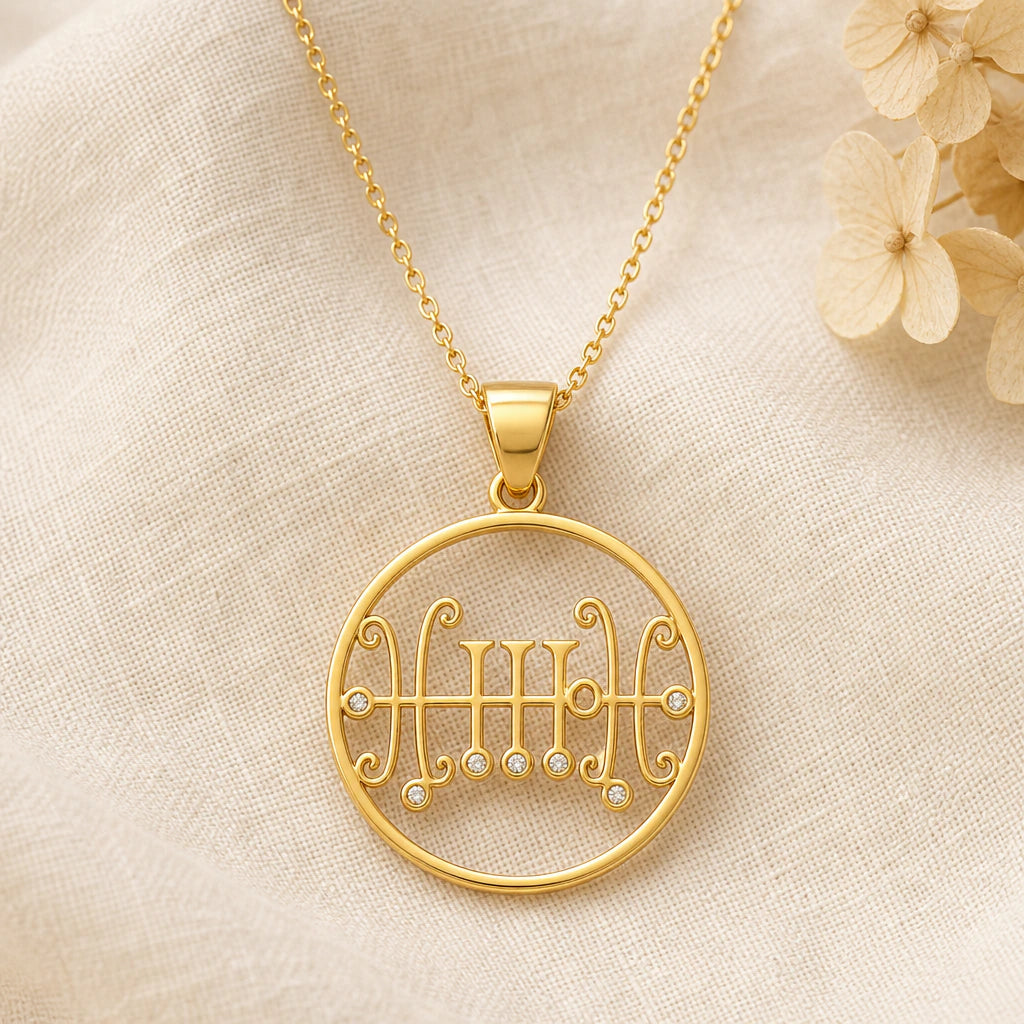 Seal of Sallos Birthstone pendant necklace in a warm gold finish on cream fabric