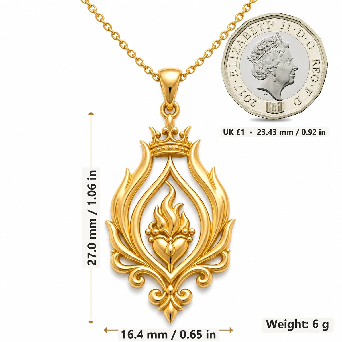 Regal Flame Sacred Heart pendant necklace size image showing 27.0 mm height, 16.4 mm width and 6 g weight