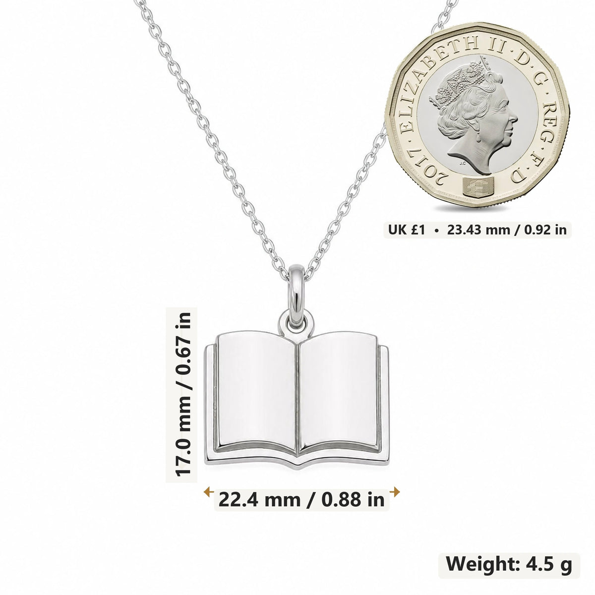 Open Book Solid pendant necklace size image showing 17.0 mm height, 22.4 mm width and 4.5 g weight