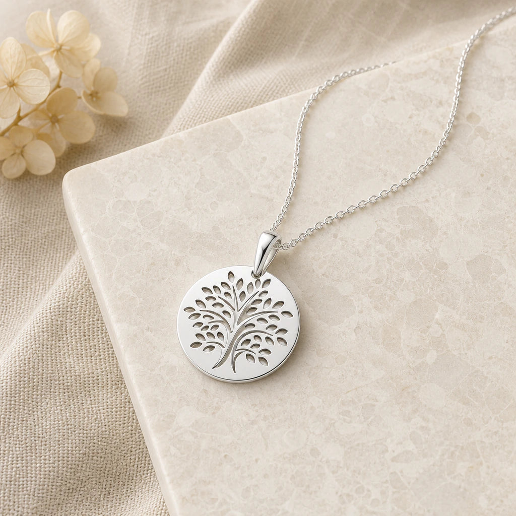 Close-up of silver tree of life disc pendant showing the sculpted detail