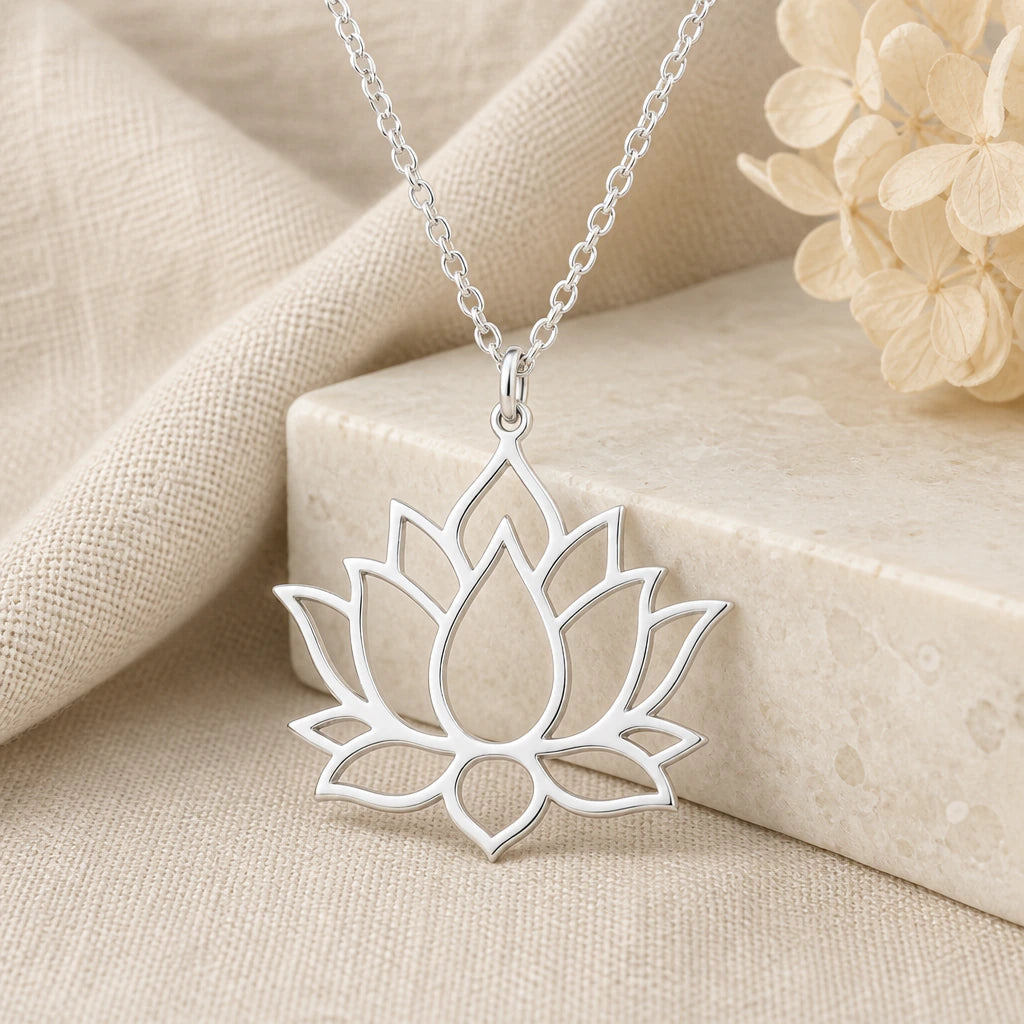 925 sterling silver lotus flower pendant necklace on softly folded cream linen