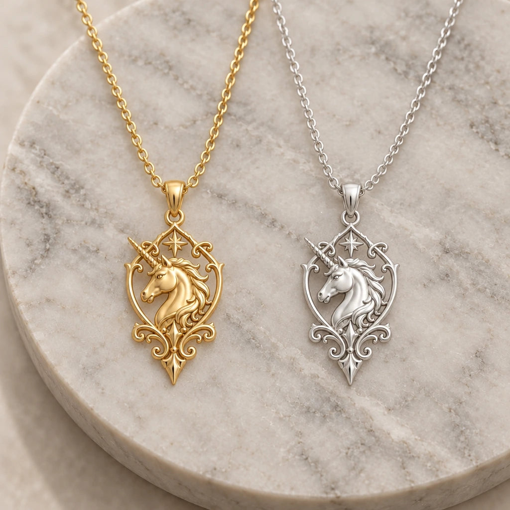 Unicorn Sigil pendant necklace in silver and gold finishes side by side