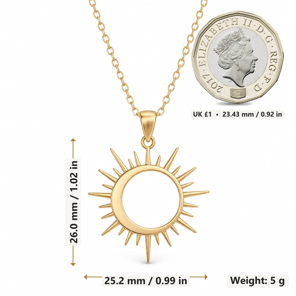 Solar Eclipse Ring pendant necklace size image showing 26.0 mm height, 25.2 mm width and 5 g weight