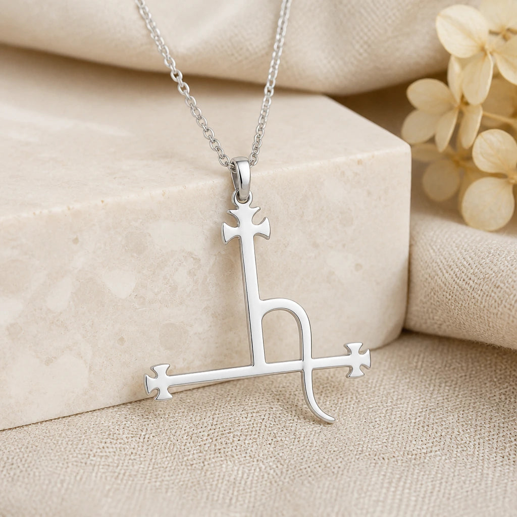925 sterling silver seal of lilith pendant necklace on softly folded cream linen