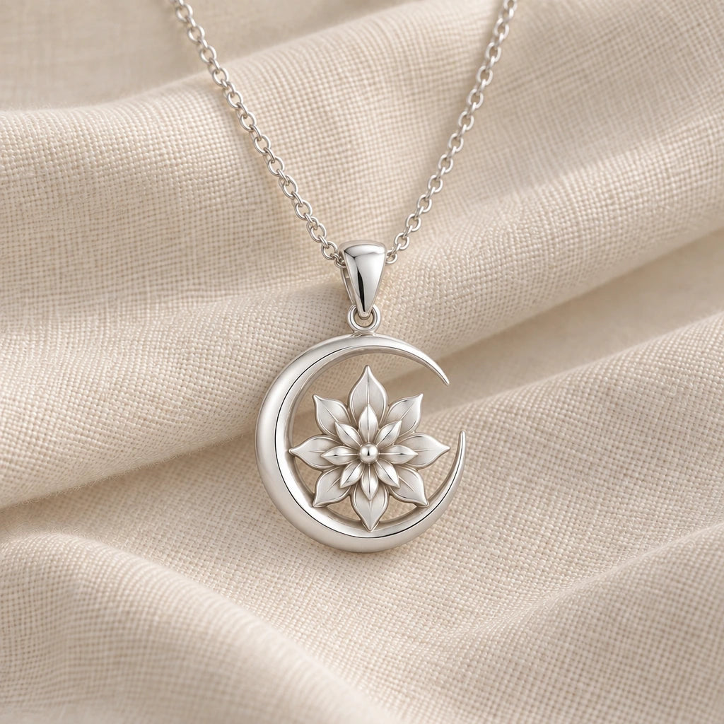 925 sterling silver eclipse bloom moon pendant necklace on cream fabric