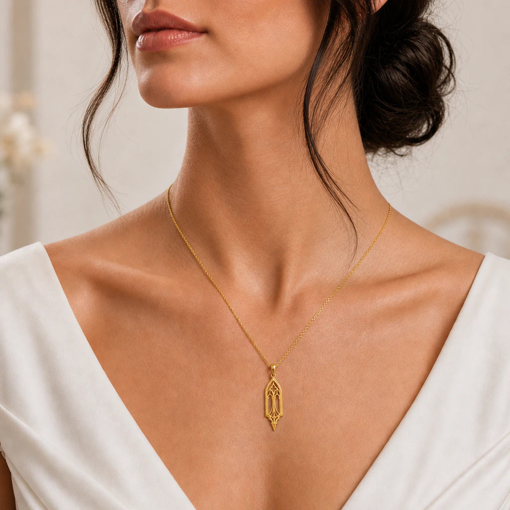 Silent cathedral window pendant necklace worn, close-up