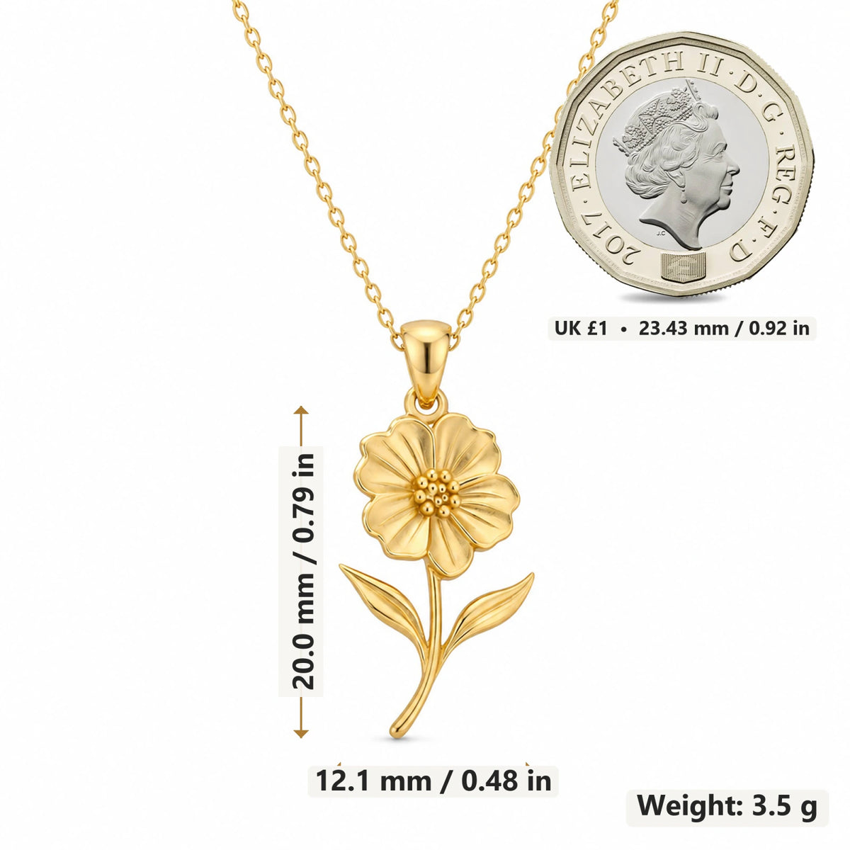 Petunia Flower pendant necklace size image showing 20 mm height and 12.1 mm width and 3.5 g weight