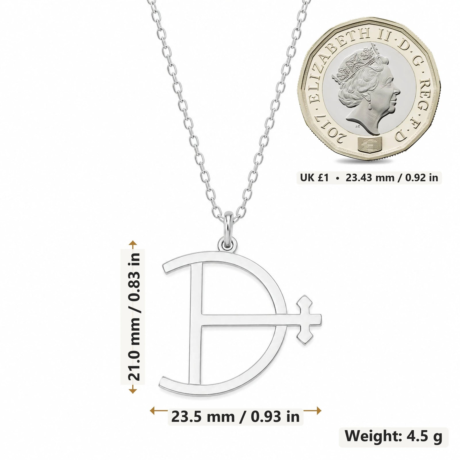 Magnesium Alchemy Symbol pendant necklace size image showing 21.0 mm height, 23.5 mm width and 4.5 g weight