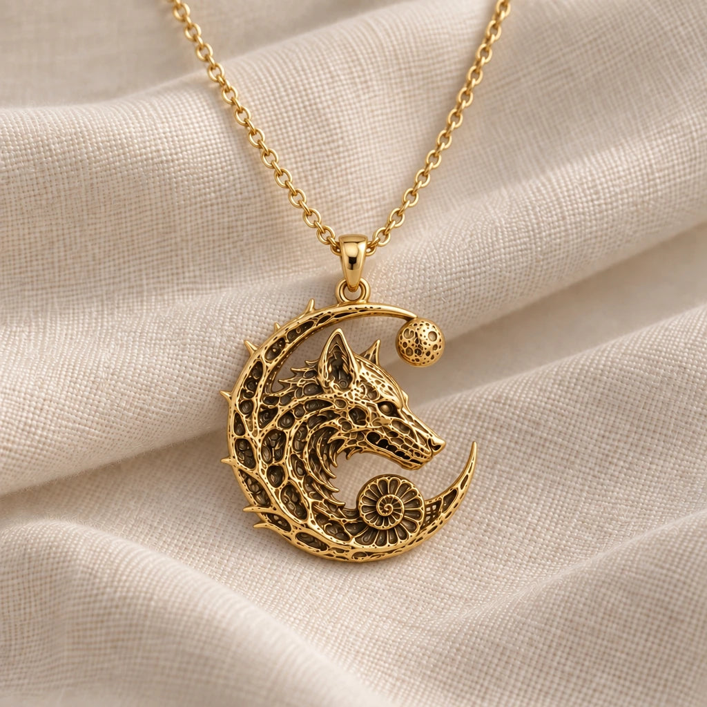 Lunar Wolf Relic pendant necklace in an 18k gold plated finish