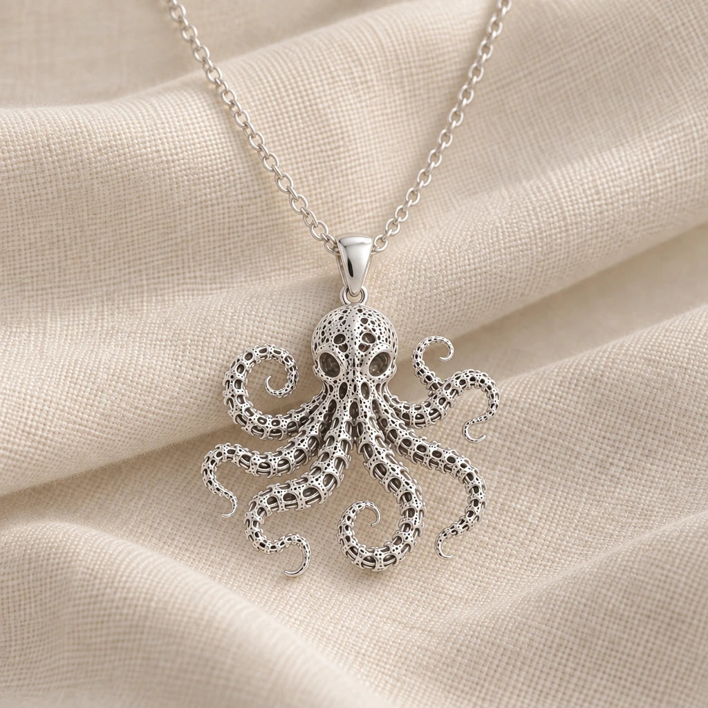 925 sterling silver fossil octopus spine pendant necklace on cream fabric
