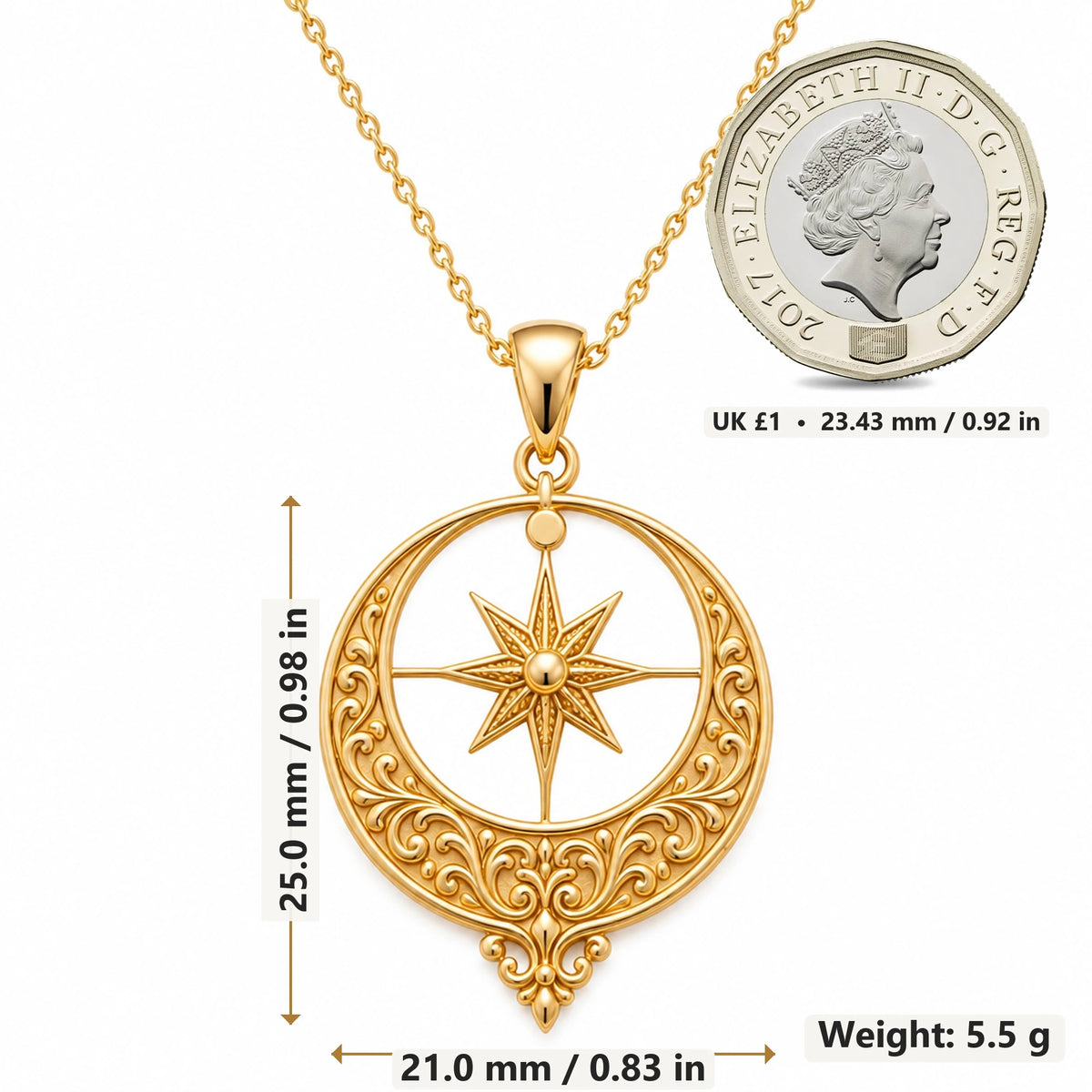 Ottoman Crescent Star pendant necklace size image showing 25.0 mm height, 21.0 mm width and 5.5 g weight
